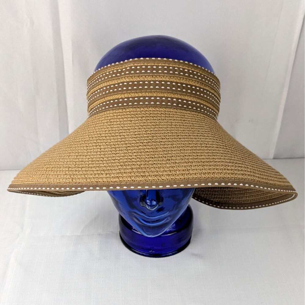 Magid Packable Raffia Paper Visor Hat Wide Brim Bow Detail Twee Vaca Sun